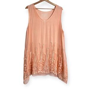 Soft Surroundings Peach Sheer Silk Flowy Embroidered Sleeveless Tunic Women's L